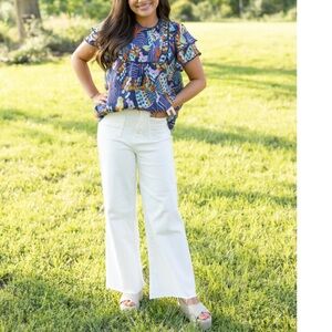 Umgee Size Medium Navy Blue Floral Colorful Patterned Boho Top